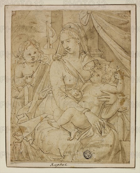 Virgin and Child with the Infant John the Baptist, 1540/56, Luca Penni, Italian, 1500/04-1557, Italy, Pen and brown ink with brush and brown wash, on ivory laid paper, tipped onto ivory laid paper, later additions of brown ink, 170 x 134 mm
