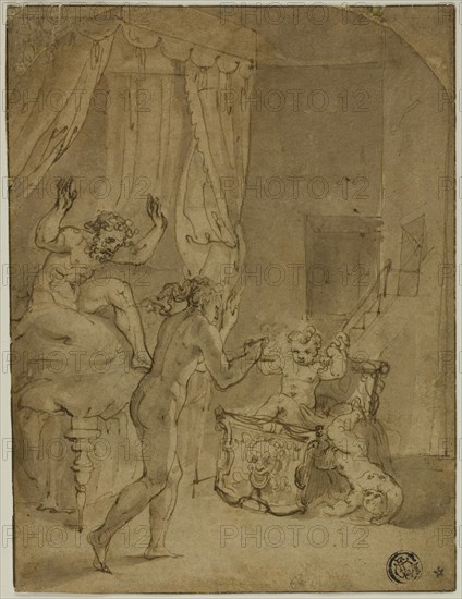 The Infant Hercules Strangling Serpents in His Cradle (recto), Crowned Woman Kneeling in Landscape, and Other Sketches (verso), n.d., Attributed to Prospero Fontana, Italian, 1512-1597, Italy, Pen and brown ink with brush and brown wash (recto), and pen and brown ink (verso), on tan laid paper, 168 x 128 mm