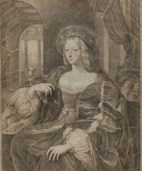 Joanna of Aragon, n.d., After Raffaello Sanzio, called Raphael, Italian, 1483-1520, Italy, Black chalk with red chalk, on ivory laid paper, verso brushed with heavy gray wash, 341 x 276 mm