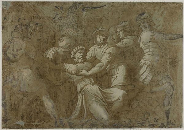 Roman Soldiers Arresting Saint Peter (?), n.d., After Polidoro Caldara, called Polidoro da Caravaggio, Italian, c. 1499-c. 1543, Italy, Pen and brown ink with brush and brown wash, heightened with lead white (partly oxidized), on blue-gray laid paper, laid down on blue laid paper, 266 x 381 mm