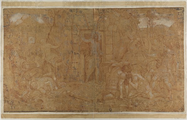 Resurrection, n.d., After workshop of Raffaello Sanzio, called Raphael, Italian, 1483-1520, Italy, Red chalk, heightened with lead white (partially discolored), on brown laid paper, laid down on ivory laid card, 382 x 657 mm (max.)