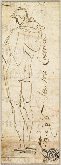 Standing Male Nude, 1680/99, After Andrea del Sarto, Italian, 1486-1530, Italy, Pen and brown ink, on ivory laid paper, laid down on ivory laid paper, 125 x 46 mm