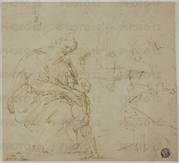 Sketches of Virgin and Child, Seated Figure, and Landscape, c. 1530, Attributed to Vincenzo Tamagni, Italian, 1492-c. 1530, Italy, Pen and brown ink on tan laid paper, laid down on cream wove board, 170 x 185 mm
