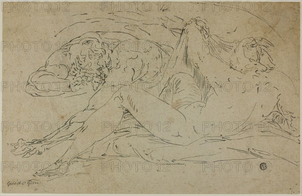 Nymph and Satyr, after 1560, Follower of Luca Cambiaso, Italian, 1527-1585, Italy, Brush and gray ink with traces of pen and brown ink, on buff laid paper, laid down on ivory laid paper, 263 x 408 mm