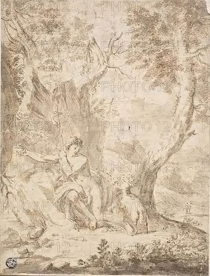 Saint John the Baptist in the Wilderness, n.d., Possibly circle of or after Donato Creti (Italian, 1671-1749), or possibly Guido Reni (Italian, 1575-1642), Italy, Pen and brown ink with brush and gray wash, on ivory laid paper, laid down on ivory laid paper, 245 x 185 mm