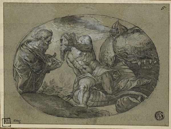 Jonah Cast Up by the Whale, 17th century, After Jacopo Robusti, called Tintoretto, Italian, 1519-1594, Italy, Pen and black ink, and brush and black and gray wash, heightened with white gouache, on blue laid paper, perimeter mounted on cream laid card, 128 x 174 mm (max.)