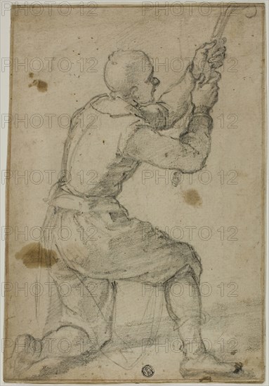 Man on Bended Knee, Pulling on Rope, c. 1604, Bernardino Poccetti, Italian, 1548-1612, Italy, Black chalk on cream laid paper, 305 x 212 mm (max.)