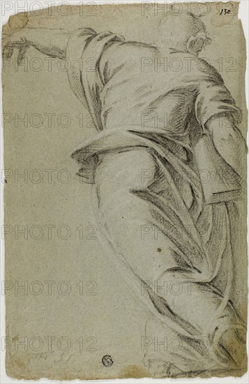 Moses Striding to the Left, Pointing with Left Hand, n.d., After Jacopo Robusti, called Tintoretto, Italian, 1519-1594, Italy, Black chalk heightened with white chalk, on blue gray laid paper, 308 x 200 mm (max.)