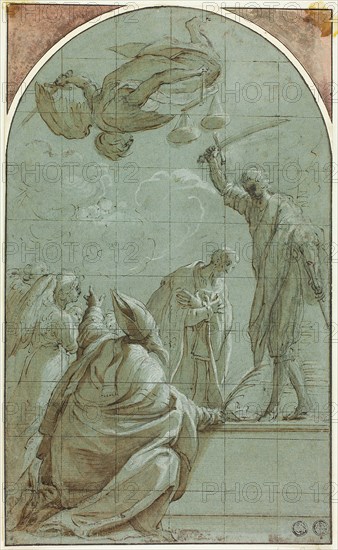 Martyrdom of a Saint Interrupted by Justice, n.d., Pupil of Charles Joseph Natoire (French, 1700-1777), or possibly Unknown Venetian Artist  (Italian, 18th century), Italy, Pen and brown ink, with brush and brown wash, heightened with lead white (partly discolored), over black chalk, squared in brown ink, on blue laid paper, laid down on tan laid paper, 346 x 210 mm