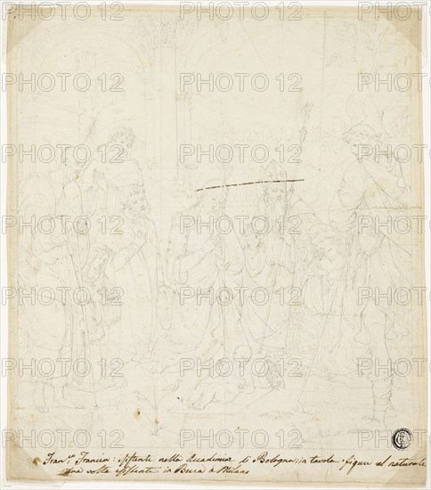 Adoration of the Christ Child, with Saints Joseph, Francis of Assisi, and Augustine, attended by Anton Galeazzo Bentivoglio and Alessandro Bentivoglio, c. 1820, After Francesco Raibolini, called Il Francia, Italian, c. 1450-1517/18, Italy, Graphite on ivory wove paper, laid down on cream wove paper, 224 x 198 mm