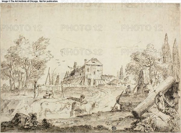 Farmyard Scene, n.d., Attributed to Bernardo Zilotti (Italian, c. 1730-1780/95), or possibly Marco Ricco (Italian, 1676-1729), Italy, Pen and brown ink, over traces of black chalk, on ivory laid paper, 282 x 390 mm