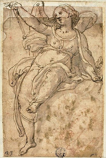 Seated Angel, n.d., After Federico Zuccaro, Italian, 1540/42-1609, Italy, Pen and brown ink with brush and brown wash over red chalk, on tan laid paper, pieced and laid down on buff laid paper, edge mounted to tan laid paper, 148 x 100 mm (max.)