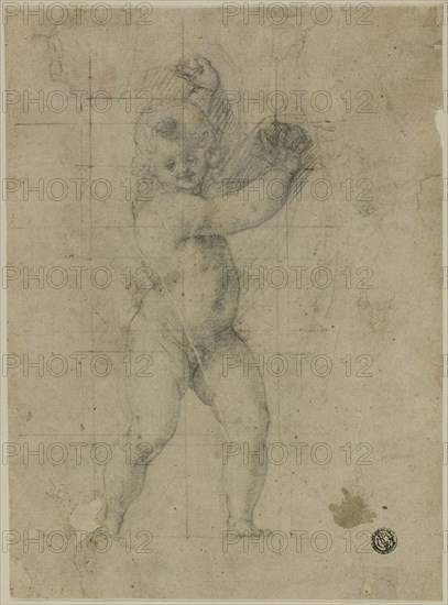 Putto with Raised Arms, 1580/90, Cristofano Roncalli, called Il Pomarancio, Italian, 1552-1626, Italy, Black chalk on ivory laid paper, squared in black chalk, laid down on cream laid paper, 235 x 173 mm