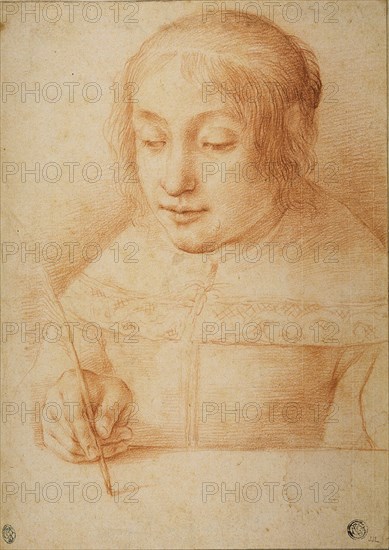 Young Woman Writing or Drawing, n.d., Attributed to Elisabetta Sirani, Italian, 1638-1665, Italy, Red chalk on cream laid paper, 280 x 199 mm