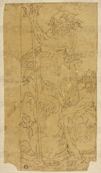 Neptune and Triton, n.d., Unknown Artist, German, late 16th century, Germany, Black crayon on tan laid paper, tipped onto buff wood-pulp laminate board, 365 x 205 mm
