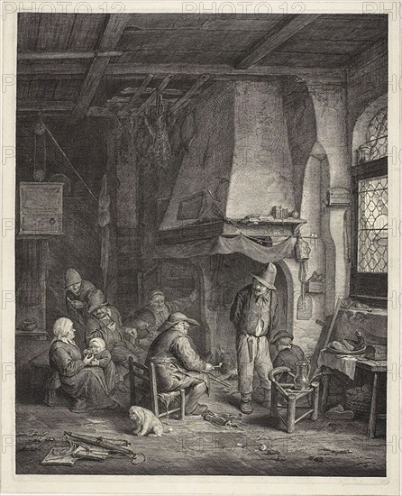 Interior, called The Skaters, c. 1655, Cornelis Visscher (Dutch, c. 1629-1658), after Adriaen van Ostade (Dutch, 1610-1685), Holland, Etching and engraving on cream laid paper, 427 x 345 mm (image), 436 x 352 mm (plate), 456 x 371 mm (sheet)