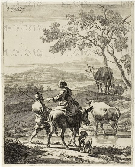 Woman on a Donkey, 1650/60, Cornelis Visscher (Dutch, c. 1629-1658), after Nicolaes Berchem. the Elder (Dutch, 1621/22-1683), Holland, Engraving on paper, 265 x 213 mm