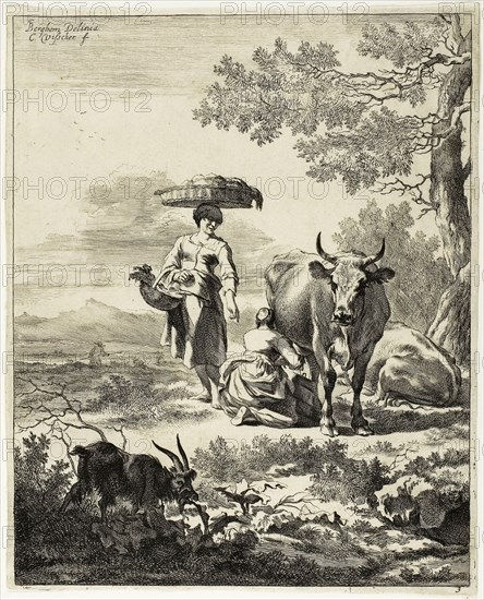Woman Milking a Cow, n.d., Cornelis Visscher (Dutch, c. 1629-1658), after Nicolaes Berchem the Elder (Dutch, 1621/22-1683), Holland, Engraving on paper, 266 x 215 mm (trimmed)