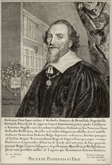 Adriaen Pauw, Lord of Heemstede, 1652, Cornelis Visscher (Dutch, c. 1629-1658), after Gerrit van Honthorst (Dutch, 1592-1656), Holland, Engraving in black on cream laid paper, 357 x 243 mm (image/sheet, trimmed within platemark)