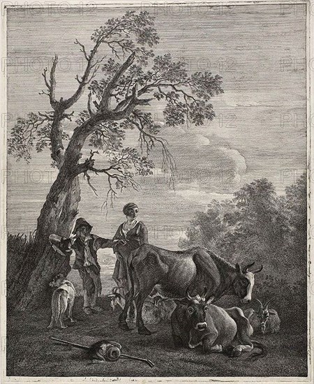 A Resting Herd, n.d., Cornelis Visscher (Dutch, c. 1629-1658), after Pieter van Laer (Dutch, c. 1599-1642), Holland, Engraving on ivory laid paper, 365.125 x 295.275 mm (plate)