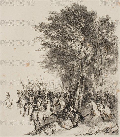 Lancers on the March, 1831, Nicolas Toussaint Charlet (French, 1792-1845), printed by François le Villain (French, active early 19th century), France, Lithograph in black on ivory wove paper, 128 × 112 mm (image), 275 × 362 mm (sheet)