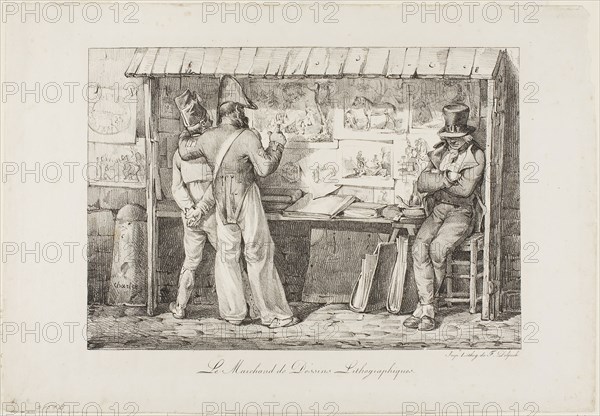 The Lithograph Seller, c. 1819, Nicolas Toussaint Charlet (French, 1792-1845), printed by Francois Seraphin Delpech (French, 1778-1825), France, Lithograph in black on ivory wove paper, 217 × 310 mm (image), 291 × 425 mm (sheet)