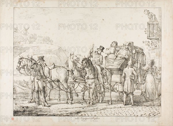English Travellers, 1815–25, Carle Vernet (French, 1758-1836), printed by Comte Charles Philibert de Lasteyrie (French, 1759-1849), France, Lithograph in black on ivory wove paper, 341 × 462 mm (image), 401 × 548 mm (sheet)