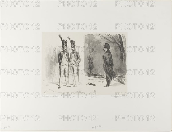 Sheet with Sketch (Grenadier of the Guard, Napoleon in a Bivouac), 1842, Denis Auguste Marie Raffet (French, 1804-1860), printed by Auguste Bry (French, 19th century), published by Éditeur Leconte (French, 19th century), France, Lithograph with lithotint in black on gray wove chine laid down on off-white wove paper, 155 × 222 mm (image), 165 × 225 mm (primary support), 344 × 453 mm (secondary support)