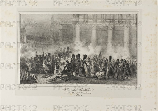 Place du Pantheon, Night of December 22 to 23, 1830, 1831, Denis Auguste Marie Raffet (French, 1804-1860), printed by Chez Gihaut Frères (French, 19th century), France, Lithograph in black on gray wove chine laid down on ivory wove paper, 175 × 287 mm (image), 221 × 311 mm (primary support), 277 × 390 mm (secondary support)