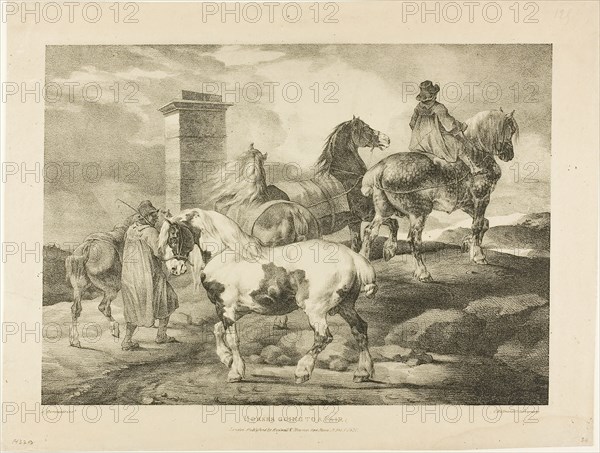 Horses Going to a Fair, plate 3 from Various Subjects Drawn from Life on Stone, 1821, Jean Louis André Théodore Géricault (French, 1791-1824), printed by Charles Joseph Hullmandel (German and English, 1789-1850), published by Rodwell and Martin, France, Lithograph in black on buff wove paper, 254 × 356 mm (image), 318 × 418 mm (sheet)