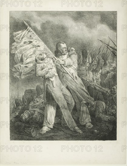 The Wounded Standard-Bearer, 1823–35, Joseph Louis Hippolyte Bellangé, French, 1800-1866, France, Lithograph in black on cream wove paper, 404 × 335 mm (image), 514 × 396 mm (sheet)