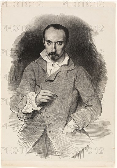 Self-Portrait, c. 1835, Achille Devéria, French, 1800-1857, France, Lithograph in black on off-white China paper, laid down on cream wove paper, 419 × 308 mm (image/sheet, platemark trimmed within primary support), 447 × 310 mm (secondary support)