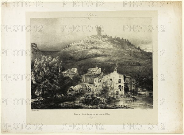 The Tower of Mont-Perrou, Seen from the Banks of the Allier (Auvergne), 1831, Paul Huet (French, 1803-1869), printed by Gottfried Engelmann (French, 1788-1839), France, Lithograph in black on buff China paper, laid down on cream wove paper, 230 × 305 mm (image), 286 × 330 mm (primary support), 332 × 454 mm (secondary support)