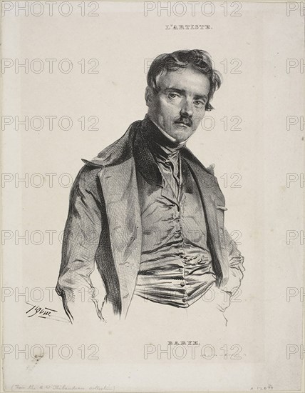 Portrait of the Sculptor Antoine-Louis Barye, c. 1840, Jean F. Gigoux, French, 1806-1894, France, Lithograph in black on ivory wove paper, 204 × 138 mm (image), 286 × 219 mm (sheet)