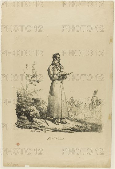 Portrait of Carle Vernet, Standing and Drawing, 1818, Horace Vernet, French, 1789-1863, France, Lithograph in black on tan wove paper, 223 × 248 mm (image), 466 × 315 mm (sheet)