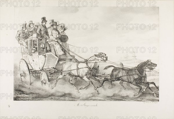 A Stagecoach, 1818, Horace Vernet (French, 1789-1863), printed by Francois Seraphin Delpech (French, 1778-1825), France, Lithograph in black on ivory wove paper, 332 × 509 mm (image), 419 × 614 mm (sheet)