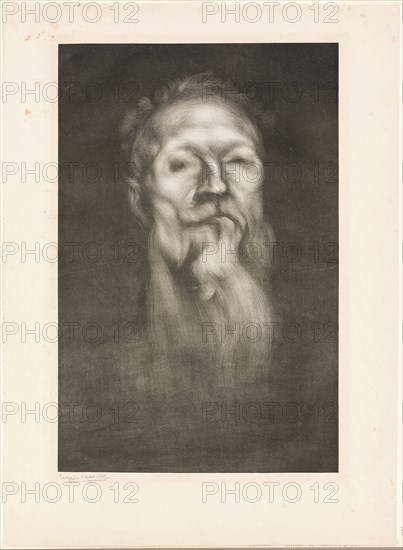 Portrait of Auguste Rodin, 1897, Eugène Carrière, French, 1849-1906, France, Lithograph in black from two stones on China paper, laid down on cream wove paper, 528 × 348 mm (image/primary support), 667 × 487 mm (secondary support)