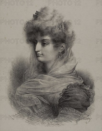 The Duchess d’Angoulème, Madame la Dauphine, 1824, Jean-Baptiste Isabey (French, 1767-1855), printed by Eugène Marie François Villain (French, born 1821), France, Lithograph in black on light gray China paper laid down on ivory wove paper, 242 × 180 mm (image), 264 × 210 mm (chine), 424 × 334 mm (sheet)