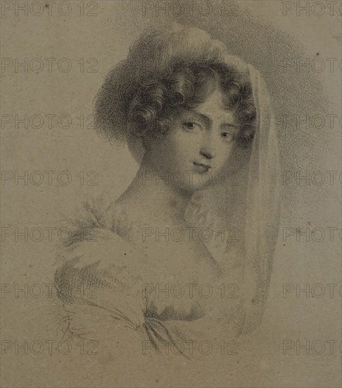 Mme. Horace Vernet, 1818, Jean Baptiste Isabey (French, 1767-1855), printed by Langlumé (French, active 1822-1840), France, Lithograph in black on tan China paper, laid down on ivory wove paper, 130 × 98 mm (image), 145 × 124 mm (primary support), 348 × 260 mm (secondary support)