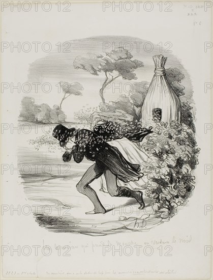 A Gentleman Who Wanted to Study the Habits of Bees too Closely, plate 6 from Pastorales, 1845, Honoré Victorin Daumier, French, 1808-1879, France, Lithograph in black on white wove paper, 254 × 234 mm (image), 348 × 264 mm (sheet)