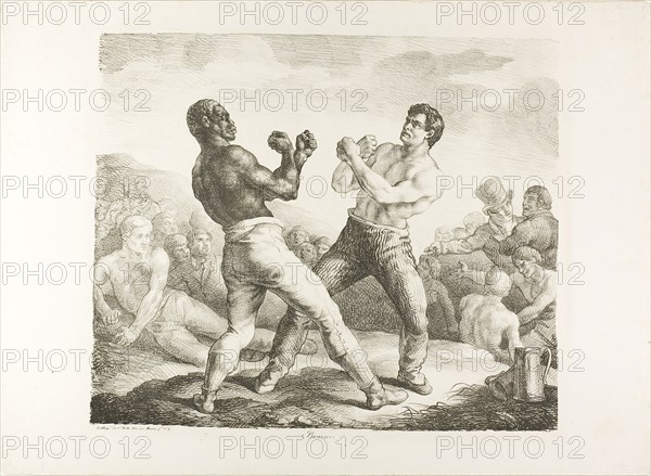 The Boxers, 1818, Jean Louis André Théodore Géricault (French, 1791-1824), printed by Charles Étienne Pierre Motte (French, 1785-1836), France, Lithograph in black on off-white wove paper, 352 × 417 mm (image), 430 × 588 mm (sheet)