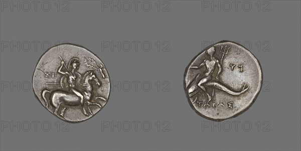 Stater (Coin) Depicting a Horseman, 334/302 BC, Greek, minted in Tarentum, Calabria, Italy, Taranto, Silver, Diam. 2.2 cm, 6.44 g