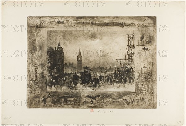 Westminster Clock Tower, n.d., Félix Hilaire Buhot, French, 1847-1898, France, Etching, drypoint, roulette and aquatint on ivory laid paper, 284 × 396 mm (plate), 380 × 555 mm (sheet)