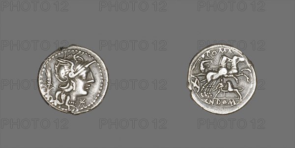 Denarius (Coin) Depicting the Goddess Roma, 128 BC, Roman, minted in Rome, Roman Empire, Silver, Diam. 2 cm, 3.79 g