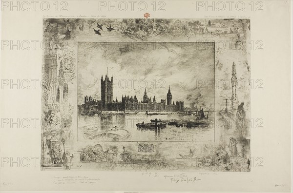 Westminster Palace, 1884, Félix Hilaire Buhot, French, 1847-1898, France, Etching and drypoint on ivory Japanese paper, 294 × 400 mm (plate), 366 × 554 mm (sheet)