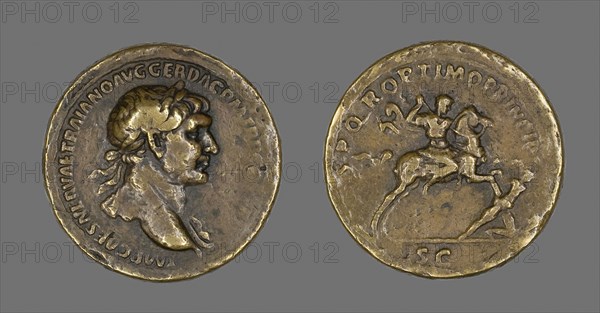 Sestertius (Coin) Portraying Emperor Trajan Conquering Dacia, AD 104/107, Roman, Roman Empire, Bronze, Diam. 3.4 cm, 24.75 g