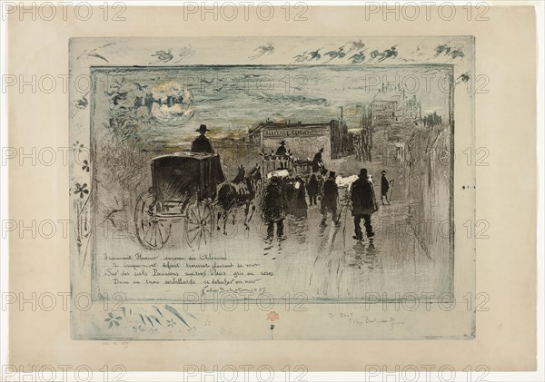 Funeral Procession on the Boulevard Clichy, 1887, Félix Hilaire Buhot, French, 1847-1898, France, Soft ground etching and aquatint, with drypoint and plate tone, inked à la poupée in blue and black, with hand-additions of gold metallic paint, on tan wove paper, 300 × 402 mm (image/plate), 363 × 523 mm (sheet)