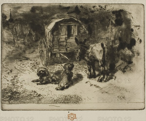 The Guardians of the House, or the Acrobat’s Companions, c. 1877, Félix Hilaire Buhot, French, 1847-1898, France, Drypoint and roulette on ivory laid paper, 86 × 115 mm (image/plate), 157 × 227 mm (sheet)