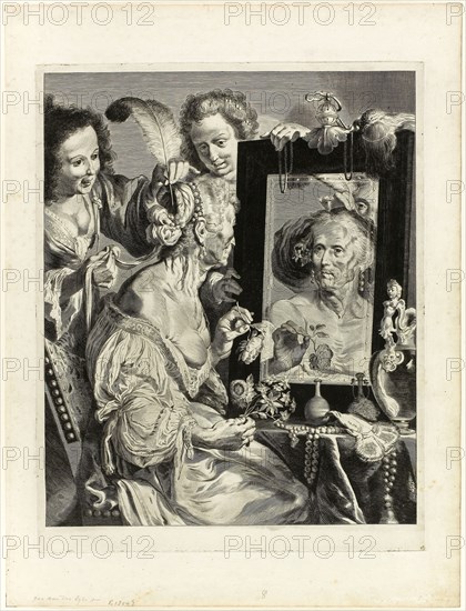 The Coquette, 1656/58, Jeremias Falck (Polish, 1619-1677), after Bernardo Strozzi (Italian, 1581-1644), Poland, Engraving on cream laid paper, 400 x 317 mm