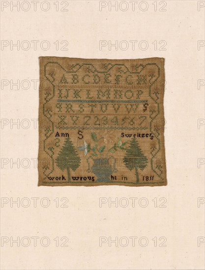 Sampler, 1811, Ann S. Sweitzers (American, active c. 1811), United States, Linen, plain weave, embroidered with silk in cross, eyelet hole, satin and stem stitches, 21.4 x 21.2 cm (8 3/8 x 8 3/8 in.)